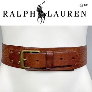Ralph Lauren Tooled Leather Belt Wide Waist Boho Adjustable Western Brown S